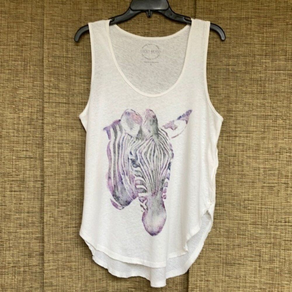 Lucky Brand linen blend white tank top zebra print